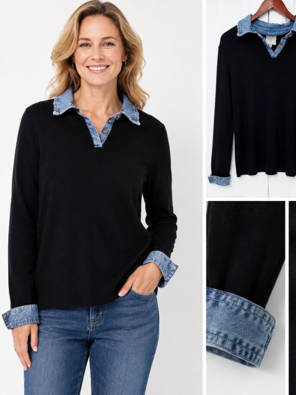 Sioni Black Sweater Denim Collar Button Women's Trim Night Top size L.